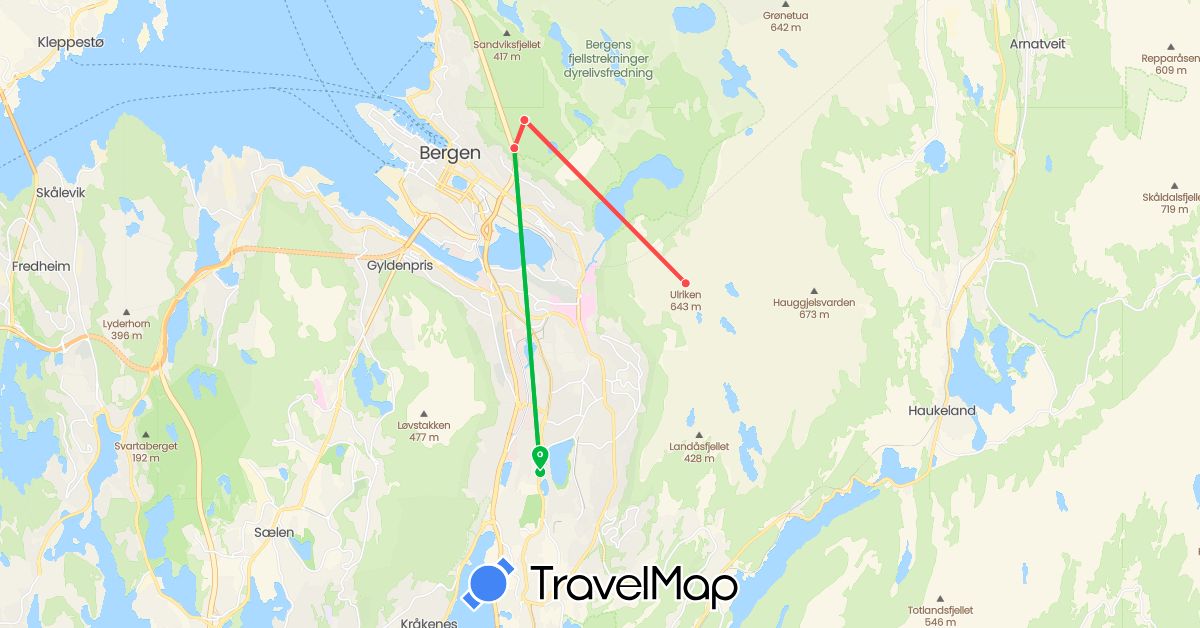 TravelMap itinerary: driving, bus, hiking in Norway (Europe)